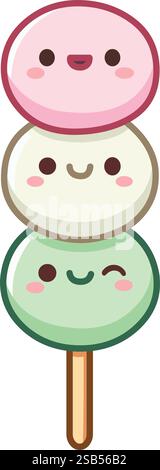 Kawaii Hanami Dango auf einem Stock, süße fröhliche rosa, weiße und grüne Mochi-Gesichter Stock Vektor