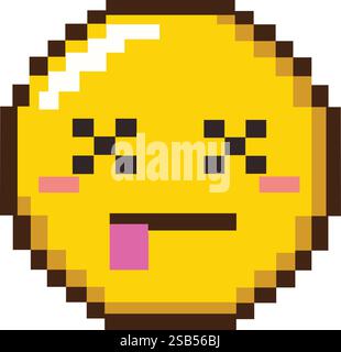 Gelber 8-Bit-Kunst-Ball mit X-Augen-Ausdruck mit herausstehender Zunge, die eine tote oder erschöpfte Atmosphäre vermittelt Stock Vektor