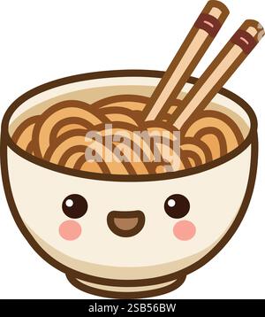 Süße Kawaii-Nudelschale mit glücklichem Gesicht und Stäbchen Stock Vektor