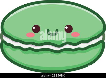 Süßer grüner Kawaii-Macaron mit lächelndem Gesicht Stock Vektor