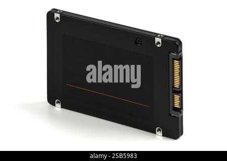 Solid-State-Laufwerk (SSD) isoliert auf weißem Hintergrund. Die oben abgebildete SATA SSD Solid State-Festplatte auf weißem Hintergrund zeigt ihr elegantes Design Stockfoto