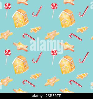 Festliches Muster mit Lebkuchenhäusern, Sternen, Weihnachtsbäumen und gestreiften Lutschs auf weichem Hintergrund. Ein nahtloses Muster mit Aquarellfarben Stockfoto