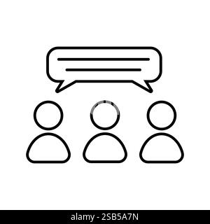 Drei Personen werden als einfache Figuren dargestellt, mit einer Sprechblase über dem Kopf. Dies schlägt eine Gruppendiskussion oder ein Gespräch vor. Stock Vektor
