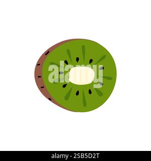 Eine Kiwi-Frucht, die in zwei Hälften geschnitten ist, offenbart ihr hellgrünes Fleisch, das von winzigen schwarzen Samen gepunktet ist. Vor reinweißem Hintergrund betont er die Früchte Stock Vektor