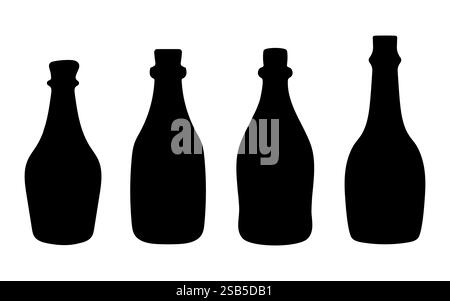 Vier Sektflaschen sind in Silhouette auf weißem Hintergrund dargestellt. Vektorabbildung Stock Vektor
