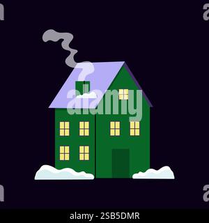 Im Schnee steht ein Gewächshaus mit einem violetten Dach und leuchtend gelben Fenstern. Rauch weht aus dem Kamin und schafft ein warmes und einladendes Atmo Stock Vektor