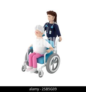 Ältere Frau sitzt auf einem Rollstuhl, während die Ärztin von hinten drückt, 3D-Rendering Stockfoto