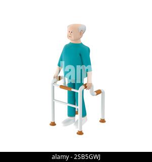 Seniorenfigur in geduldiger Kleidung, die mit einem hochgezogenen Walker läuft, 3D-Illustration Stockfoto