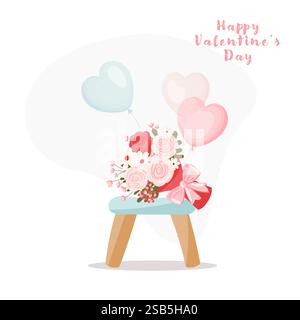 Illustration von Blumen und Ballons auf einem Stuhl zum Valentinstag Stock Vektor