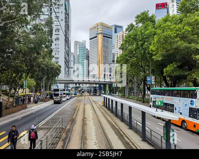 Hongkong, China - 01. Februar 2025 : Eine Straßenbahnstrecke in Hongkong führt durch eine von hohen Gebäuden und üppigen Bäumen gesäumte Stadtstraße. Busse und andere Fahrzeuge Stockfoto