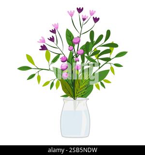 Verschiedene Arten von schönen Blumen in Gläsern und Vasen angeordnet. Vektorillustration auf weißem Hintergrund in abgewickelter Form Stock Vektor