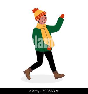 Ein fröhliches Kind läuft glücklich, gekleidet in einer gemütlichen grünen Jacke, einem leuchtend orangefarbenen Hut und einem gelben Schal. Ihr fröhlicher Ausdruck verleiht dem Wärme Stock Vektor