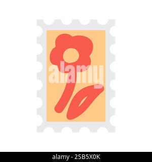 Das farbenfrohe Design zeigt eine kräftige rote Blume und ein Blatt auf einem hellorangefarbenen Hintergrund, die wie eine Briefmarke gestaltet sind. Dieses Kunstwerk schafft ein fröhliches und W Stock Vektor