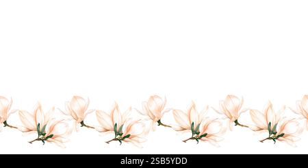 Hellrosa Magnolienblüten mit Blättern. Nahtloses Blumenmuster in Aquarellfarben. Frühlingsblüte. Stockfoto