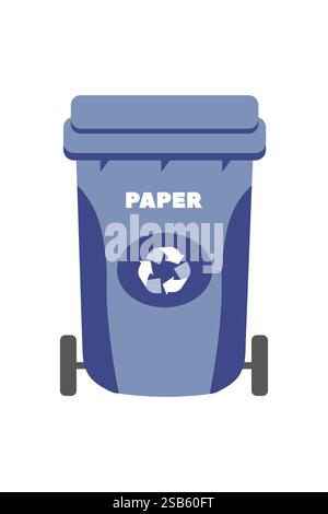 Im Freien steht ein blauer Recyclingbehälter für Papierabfälle. Daneben werden zerknittertes Papier, Kartons und Milchkartons platziert, um für Profis zu werben Stock Vektor