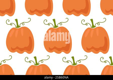 Ein nahtloses Muster mit orangefarbenen Kürbissen mit grünen Stielen und lockigen Reben auf weißem Hintergrund. Dieses fröhliche Design ist perfekt für Herbstprofis Stock Vektor