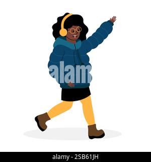 Ein Mädchen mit lockigen Haaren und Brillen trägt eine blaue Pufferjacke, gelbe Leggings und braune Stiefel. Sie läuft zügig mit einem Lächeln und genießt Mu Stock Vektor