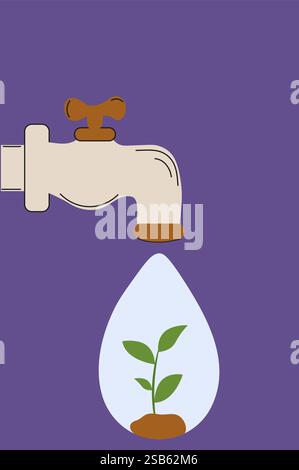 Ein Wasserhahn tropft Wasser in einen Tropfen, der eine kleine grüne Pflanze mit Wurzeln in braunem Boden vor einem leuchtend violetten Hintergrund hält Stock Vektor