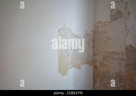 Nahaufnahme einer sich verschlechternden Wand mit abblätternder Farbe und freiliegendem Putz, die Verschleißschichten und Alterungsschichten freilegt. Stockfoto