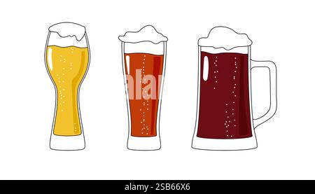 Biergläser. Drei Versionen von leichtem Bier, dunklem Bier und Bernsteinbier. Isolierte Vektorillustration auf weißem Hintergrund. Vektorabbildung Stock Vektor