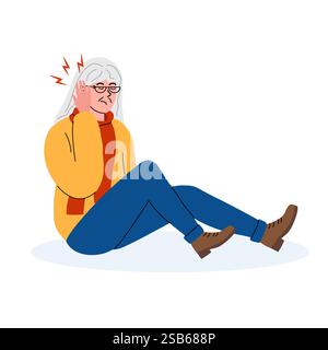 Eine ältere Frau sitzt auf dem Boden und hält ihr Ohr in Not. Sie trägt einen orangefarbenen Pullover und einen roten Schal, was ihre Unannehmlichkeiten und Sorgen widerspiegelt Stock Vektor