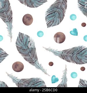 Aquarellmuster mit Federn, Kreisen und Herzen auf weißem Hintergrund Stock Vektor