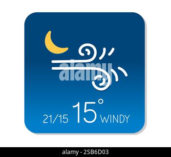 Die Wettervorhersage zeigt eine windige Nacht mit einer Temperatur von 15 Grad Celsius und einem sichelförmigen Mond am Himmel. Stock Vektor