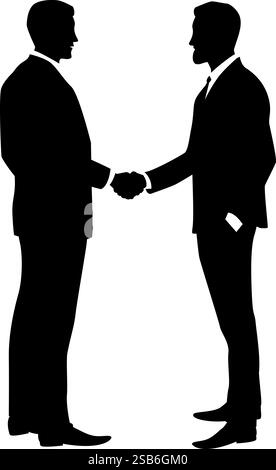 Zwei Männer in Geschäftsanzügen schütteln die Hände. Vektorillustration in Schwarz-weiß-Farben mit transparentem Hintergrund. Stock Vektor