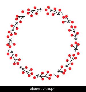Das dekorative kreisförmige Design zeigt leuchtende rote Beeren, die durch elegante schwarze Äste miteinander verbunden sind. Dieses Design ist perfekt für die saisonale Einrichtung. Stock Vektor