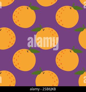 Ein lebhaftes Design mit hellen Orangen, die mit grünen Blättern verziert sind, vor einem tiefvioletten Hintergrund, das ein lustiges und lebendiges Fruchtmuster erzeugt Stock Vektor