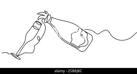 Eine minimalistische Linienzeichnung zeigt zwei Sektgläser und eine Flasche, die zu einem Toast zusammenkommen. Das Design fängt einen Moment des Feierns ein und Stock Vektor