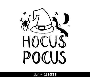 Handgezeichnetes Halloween-Poster mit magischem Hut und Schriftzug Hocus Pocus im Cartoon-Stil. Trendiges traditionelles Poster, Vorlage, Textil. Zeichentrick, Vintage Stock Vektor