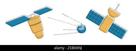 Künstlicher Satelit in der Erdumlaufbahn. Flacher STYLE. Auf weißem Hintergrund. Dünne Linie. Vektorabbildung Stock Vektor