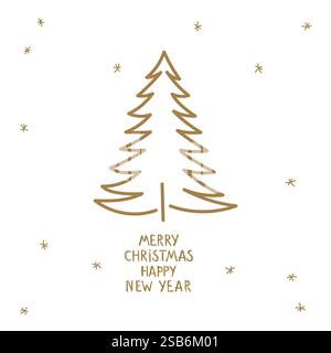 Ein minimalistisches Weihnachtsbaumdesign zeigt goldene Umrisse mit Weihnachtsgrüßen unten, die Weihnachten und Neujahr feiern. Stock Vektor