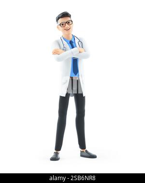 3D-Zeichentrickfilm Doctor Arms gekreuzt, Illustration isoliert auf weißem Hintergrund Stockfoto