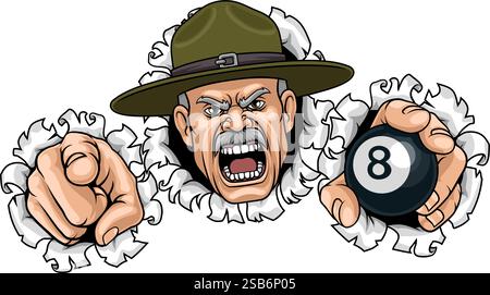 Bohrlehrer Sergeant Billard Pool Maskottchen Stock Vektor