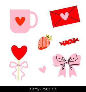 Eine bunte Auswahl an Illustrationen zum Thema Liebe umfasst Herzen, eine Erdbeere, einen Becher und ein Band. Perfekt für thematische Feiern. Stock Vektor