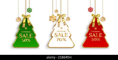 Weihnachts-Verkaufsetiketten isoliert auf weißem Hintergrund. Vektor realistische Illustration von Weihnachtsbaum Preis Rabatt Tags, hängende Aufkleber verziert wi Stock Vektor