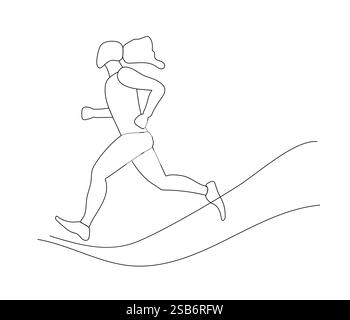 Eine dynamische Figur, die entlang einer geschwungenen Linie verläuft, betont Bewegung und Energie durch einen minimalistischen Linienstil, der Sportlichkeit zum Ausdruck bringt Stock Vektor