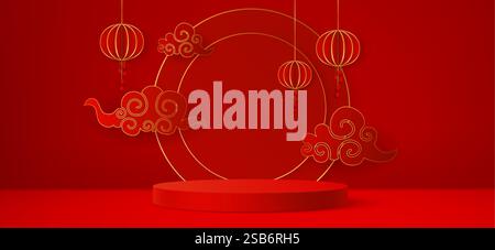 Rundes orientalisches Podium mit goldenen dekorativen Wolken und hängenden traditionellen chinesischen Laternen auf karmesinrotem Hintergrund mit Bogenkreis. Festliche Disla Stock Vektor