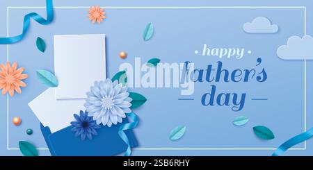 Layout des 3. Vatertags mit marineblauem Briefumschlag auf blauem Hintergrund, leeren Briefbögen, dekorativen Papierschnitt-Blumen und verstreuten grünen Blättern, Türkis Stock Vektor