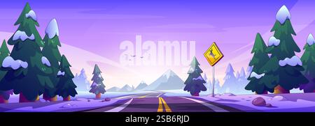Winterliche Waldstraße Panorama - verschneite Autobahn durch grüne Kiefern in Richtung Berge. Malerische Landschaft mit schneebedeckten Bäumen, Warnschild, fliegenden Vögeln Stock Vektor