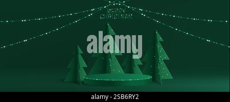 Grüner Weihnachtspodium mit minimalistisch geschnittenen Kiefern und leuchtenden Lichtern. Dekorative Urlaubsszene auf runder Plattform für die Saison Stock Vektor