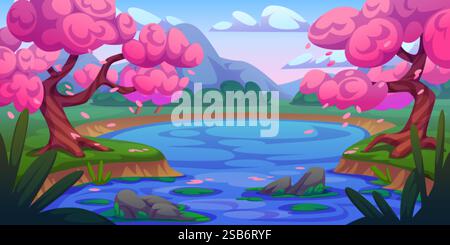 Japanische Teichlandschaft mit blühenden Sakura-Bäumen, fallenden rosa Blütenblättern über blauer Wasseroberfläche. Friedliche Landschaft mit Lilienpads, grauen Steinen, weit entfernt Stock Vektor