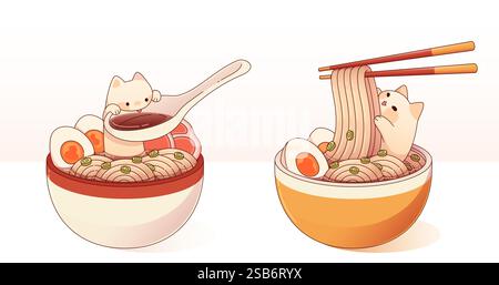 Niedliche Kätzchen mit Ramen-Elementen - winzige Katze, die aus dem Löffel trinkt, verspielte Katze, die in einer Schüssel mit Nudeln auf Essstäbchen liegt. Japanische Suppenschüssel Stock Vektor