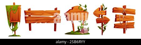 Hölzerne Dschungel-Schilder - moosbedeckte Zeiger, Rissbretter mit Nägeln und Seil, Richtpfeilschilder, rustikale Markierungen mit Weinstöcken, Sto Stock Vektor