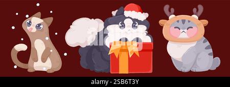 Weihnachtskatzen-Kollektion mit Weihnachtsmotiven - neugieriges Kätzchen, das Schneeflocken mit der Zunge fängt, flauschiges Haustier im weihnachtsmann-Hut mit Geschenkbox, mollige Kätzchen Stock Vektor