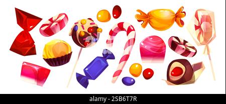 Süßigkeiten auf weißem Hintergrund. Vektor-Zeichentrickillustration von gewickelten Lutschen, Schokoladenbonbons in Folie, gestreiftem Karamellrohr, Farbe Bonb Stock Vektor