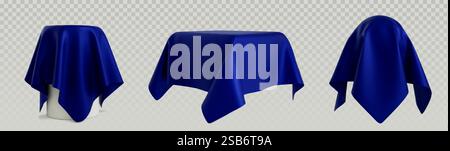 Objekte bedeckt mit blauem Seidentuch, isoliert auf transparentem Hintergrund. Realistische Illustration des 3D-Tisches und der Bühne unter Satin-Vorhang, Hi Stock Vektor