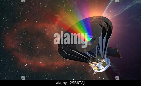3D-Modell des SphereX-Weltraumteleskops, erstellt, um den kosmischen Raum in 102 Infrarotfarben zu kartieren. Teleskop umkreist den Planeten Erde gegen eine Galaxie im Hinterland Stockfoto